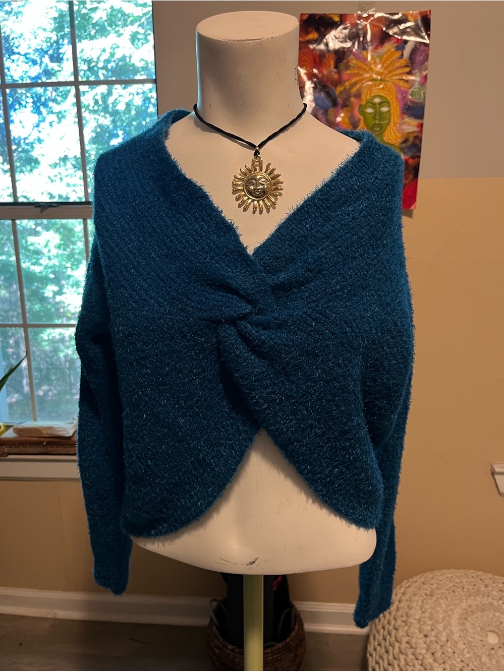 Plush Twist-Front V-Neck Sweater - Teal Academia Crop